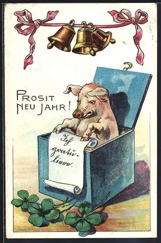 AK Glücksschwein springt aus einer Kiste, goldene Glocken, Kleeblätter