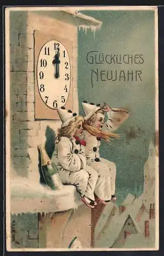 Lithographie Harlekin, Neujahresgrusse, an der Turmuhr sitzend