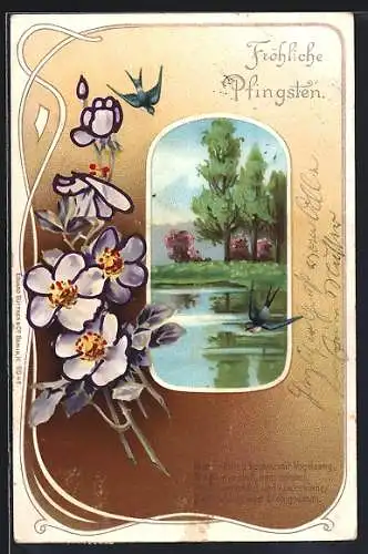 Lithographie Jugendstil, Blumen, Schwalben, stiller See