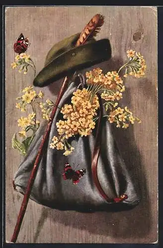 AK Bergsteiger-Ausrüstung mit Hut, Stock und Rucksack mit Blumen