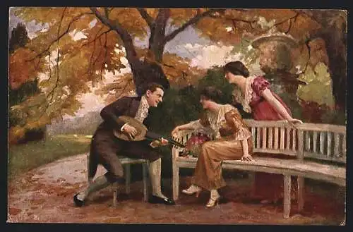Künstler-AK sign. E. Schneider: Lieder zur Laute, Mann spielt Laute für zwei Frauen