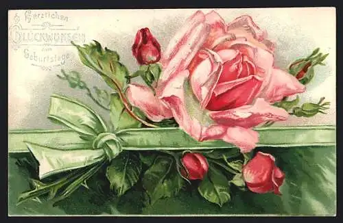 Künstler-AK Rosenstrauss mit Samtband, Geburtstagsgruss