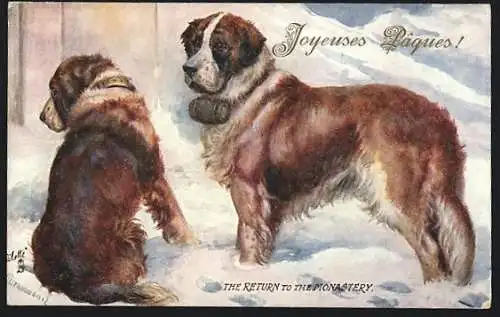 AK The Return to the Pionastery, Bernhardiner mit Fässern um den Hals im Schnee