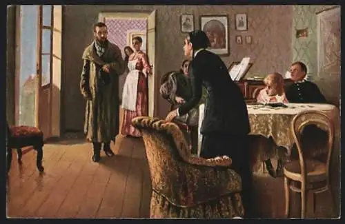 Künstler-AK sign. I. E. Répine: Unerwarteter Besucher in einem Salon