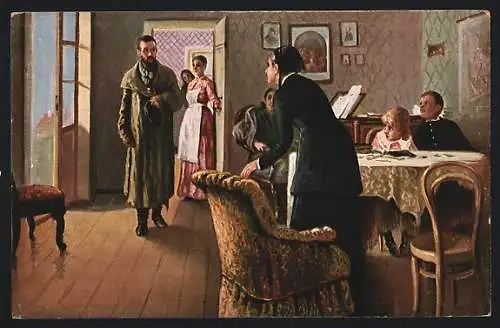 Künstler-AK sign. I. E. Répine: Unerwarteter Besucher bei einer grossbürgerlichen Familie