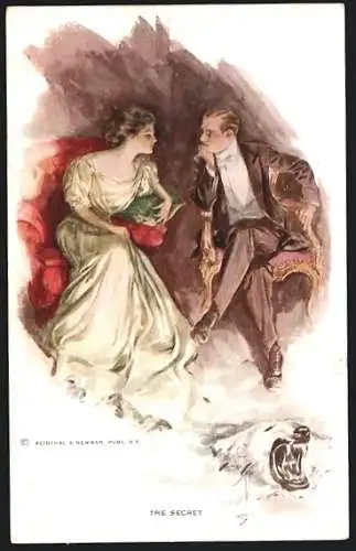 Künstler-AK Harrison Fisher: the secret, Mann und Frau in Abendgarderobe teilen ein Geheimnis
