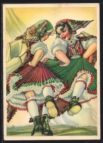 AK zwei Frauen tanzen in österreichischen Trachtenkleidern