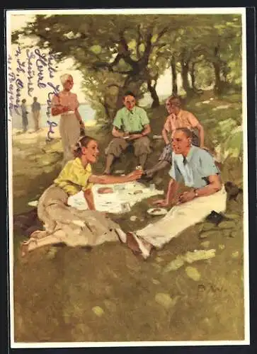 Künstler-AK Brynolf Wennerberg: Indanthren, Junge Leute bei Picknick