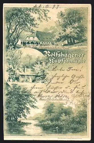 Lithographie Rolfshagen, Kupfermühle und Flusspartie