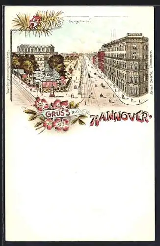 Lithographie Hannover, Georgstrasse mit Continental Hotel