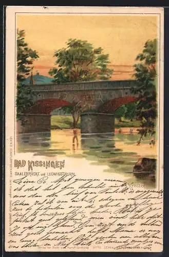 Lithographie Bad Kissingen, Saalebrücke und Ludwigsthurm