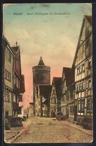 AK Alsfeld, Untere Fuldergasse mit Leonhardsturm