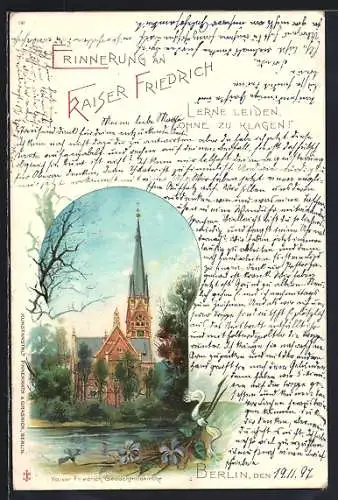 Lithographie Berlin-Charlottenburg, Kaiser Friedrichs Gedächtniskirche, Erinnerung an Kaiser Friedrich