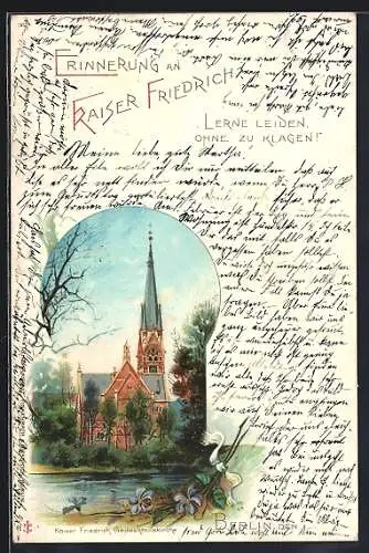 Lithographie Berlin-Charlottenburg, Kaiser Friedrichs Gedächtniskirche, Erinnerung an Kaiser Friedrich