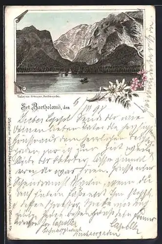 Lithographie Sct. Bartholomä, Wasserpartie mit Bergpanorama