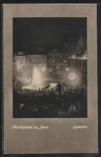 AK Jena, Marktplatz zu Sylvester mit Feuer