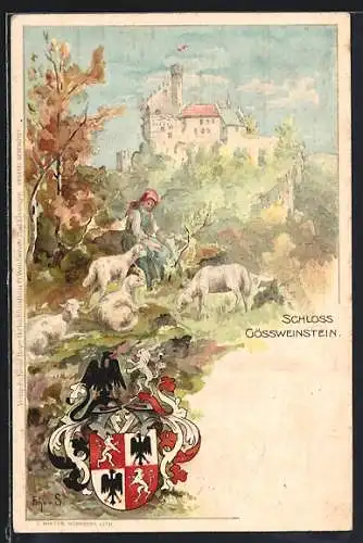 Künstler-Lithographie Schloss Gössweinstein, Hirtin und Wappen