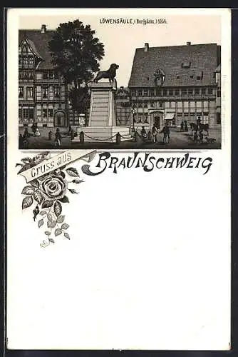 Lithographie Braunschweig, Löwensäule auf dem Burgplatz in 1166