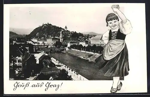 AK Graz, Ortsansicht, Mädchen in Tracht