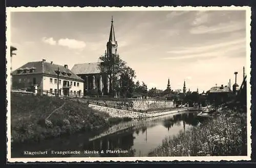 AK Klagenfurt, Evangelische Kirche & Pfarrhaus, vom Wasser gesehen