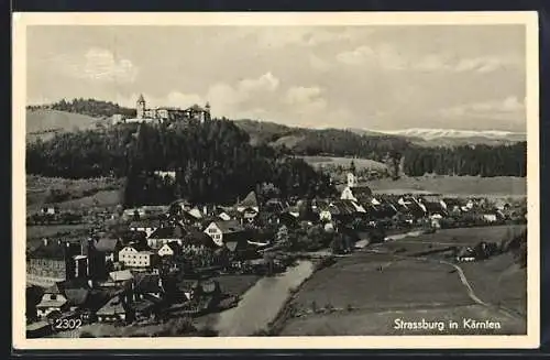AK Strassburg in Kärnten, Gesamtansicht mit Brücke, Schloss und Fernblick aus der Vogelschau