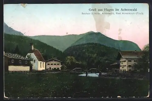 AK Hagen im Achenwald /Achenkirch, Gasthaus S. Adler, Panorama mit Brücke