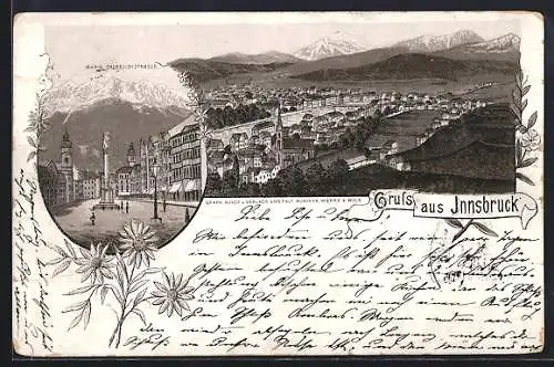 Vorläufer-Lithographie Innsbruck, 1893, Maria Theresienstrasse, Gesamtansicht mit Bergpanorama, Blumen