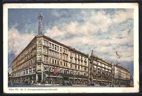 Künstler-AK Wien, Gebäude der A. Gerngross-Aktiengesellschaft und Strassenbahn