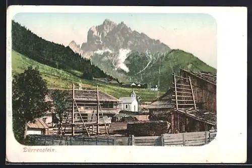 AK Dürrenstein, Teilansicht mit Kirche, Berge im Hintergrund