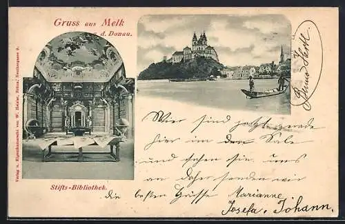 AK Melk a. d. Donau, Innenansicht Stiftsbibliothek, Stift und Ort vom Wasser aus