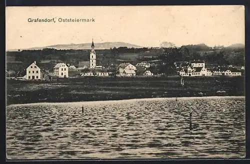 AK Grafendorf /Oststeiermark, Ortspanorama vom Wasser aus
