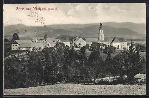 AK Wenigzell, Totalansicht mit Bergpanorama von einem Feld aus