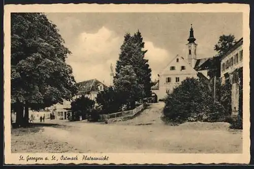 AK St. Georgen a. St., Platzansicht mit Kirche u. Denkmal