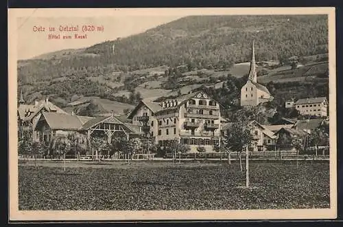 AK Oetz im Oetztal, Hotel zum Kassl u. Kirche von einem Acker aus