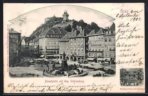 AK Graz, Musikpavillon im Stadtpark, Hauptplatz mit dem Schlossberg, Marktbetrieb, Strassenbahn