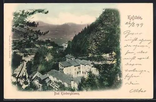 AK Kufstein, Bad Kienbergklamm mit Bahnschienen u. Bergpanorama aus der Vogelschau