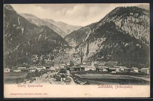 AK Pettneu, Schnann, Strasse zum Ort und Gebirgspanorama