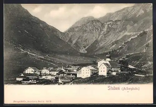 AK Stuben, Ortsansicht mit Arlbergbahn