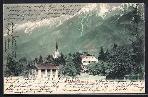 AK Heilig Kreuz bei Hall, Ortsansicht mit Bergpanorama