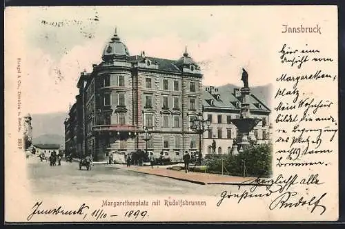 AK Innsbruck, Margarethenplatz mit Rudolfsbrunnen und Passanten