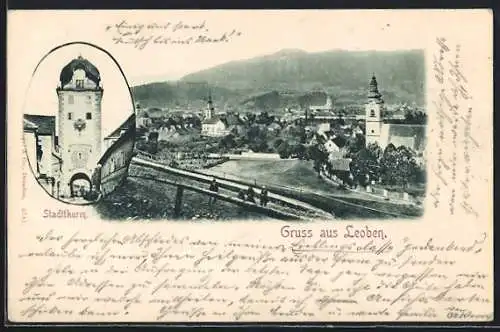 AK Leoben, Stadtturm, Ortspanorama, um 1900