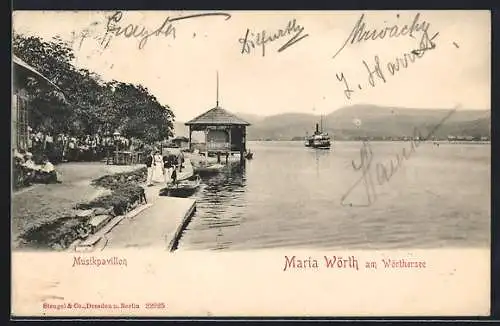 AK Maria Wörth am Wörthersee, Musikpavillon mit Uferpromenade und Seeblick