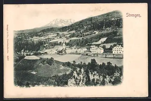 Passepartout-AK Strengen, Gesamtansicht mit Alpenpanorama