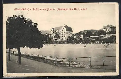 AK Villach, Partie an der Drau mit Dependance des Hotel Mosser
