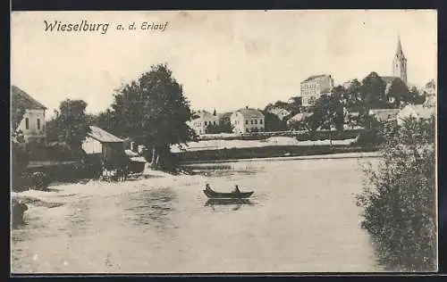 AK Wieselburg a. d. Erlauf, Ortsansicht vom Wasser aus, mit Boot
