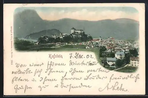 AK Kufstein, Totalansicht mit Bergpanorama aus der Vogelschau