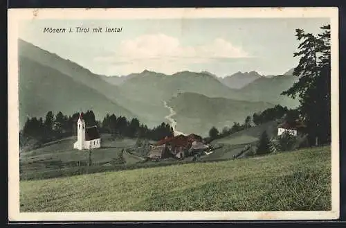 AK Mösern i. Tirol, Gesamtansicht mit Inntal und Bergpanorama