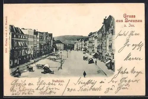AK Braunau am Inn, Stadtplatz aus der Vogelschau, mit Fuhrwerken