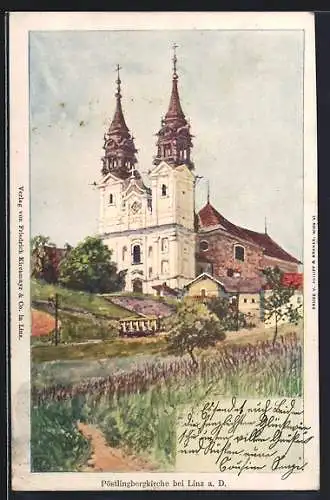 AK Linz a. D., Pöstlingbergkirche von der Wiese aus gesehen