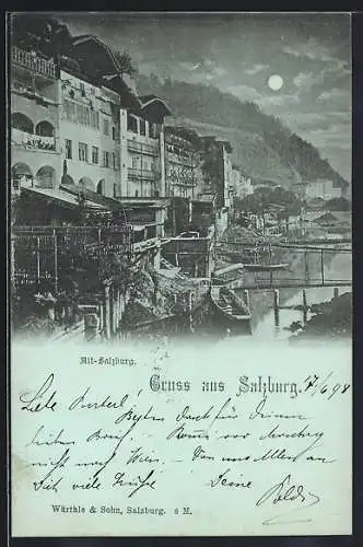 Mondschein-AK Alt-Salzburg, Uferpartie